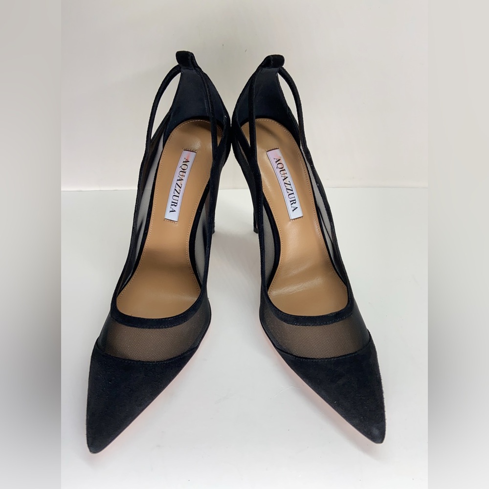 AQUAZZURA Secret Affair 105 suede-trimmed mesh pumps